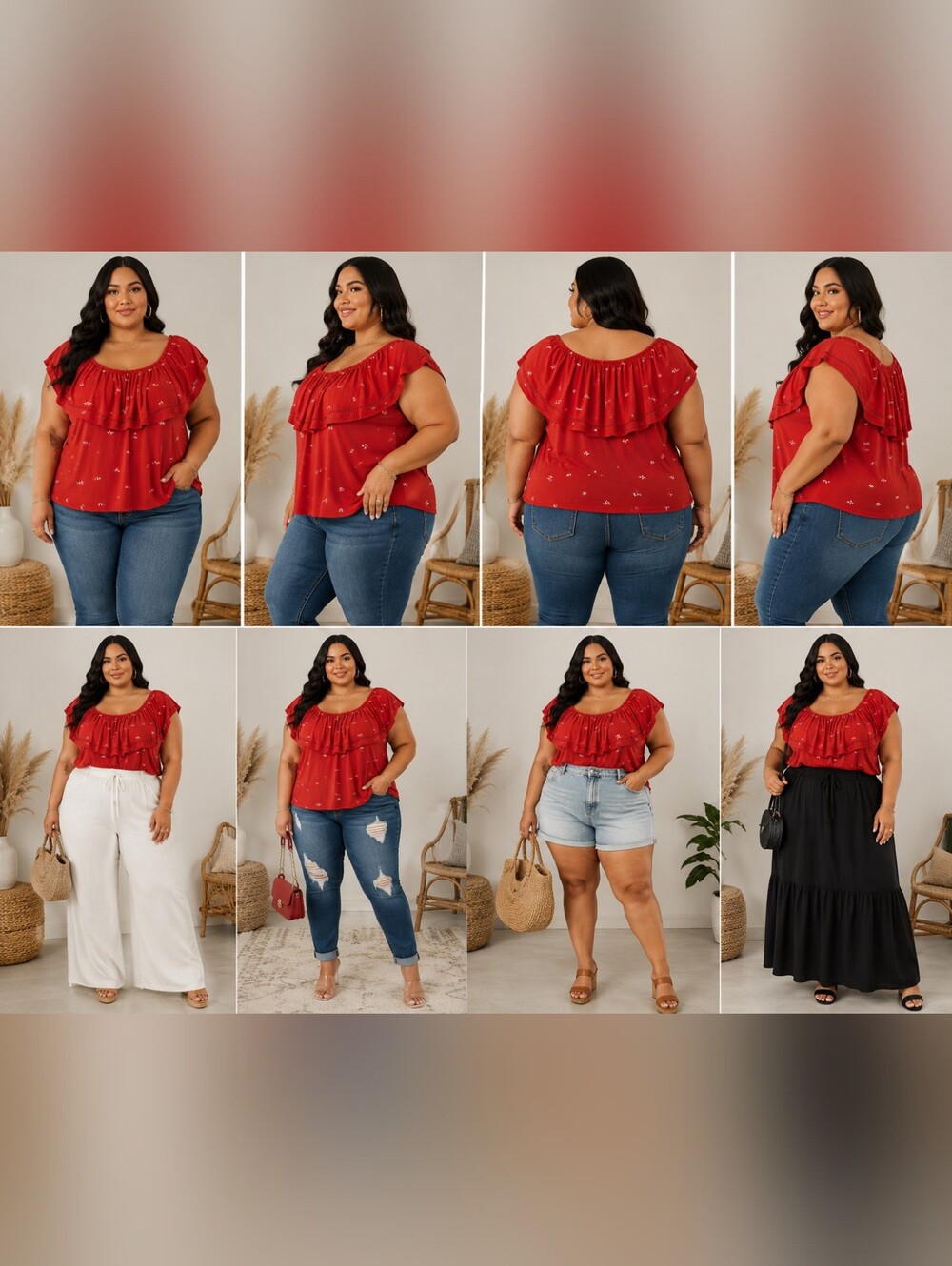 Plus Size Red Ruffled Off-Shoulder Top
